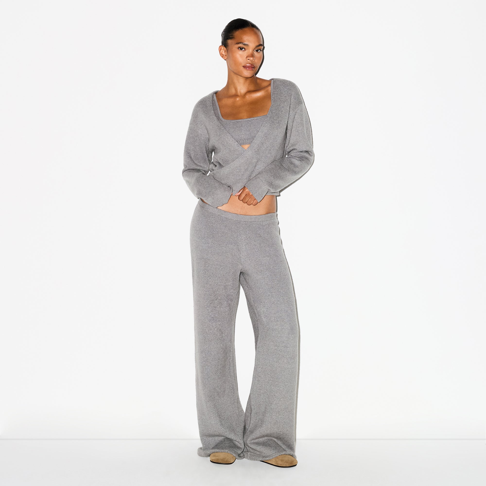 TEXTURED KNIT WRAP SWEATER | DARK HEATHER GREY