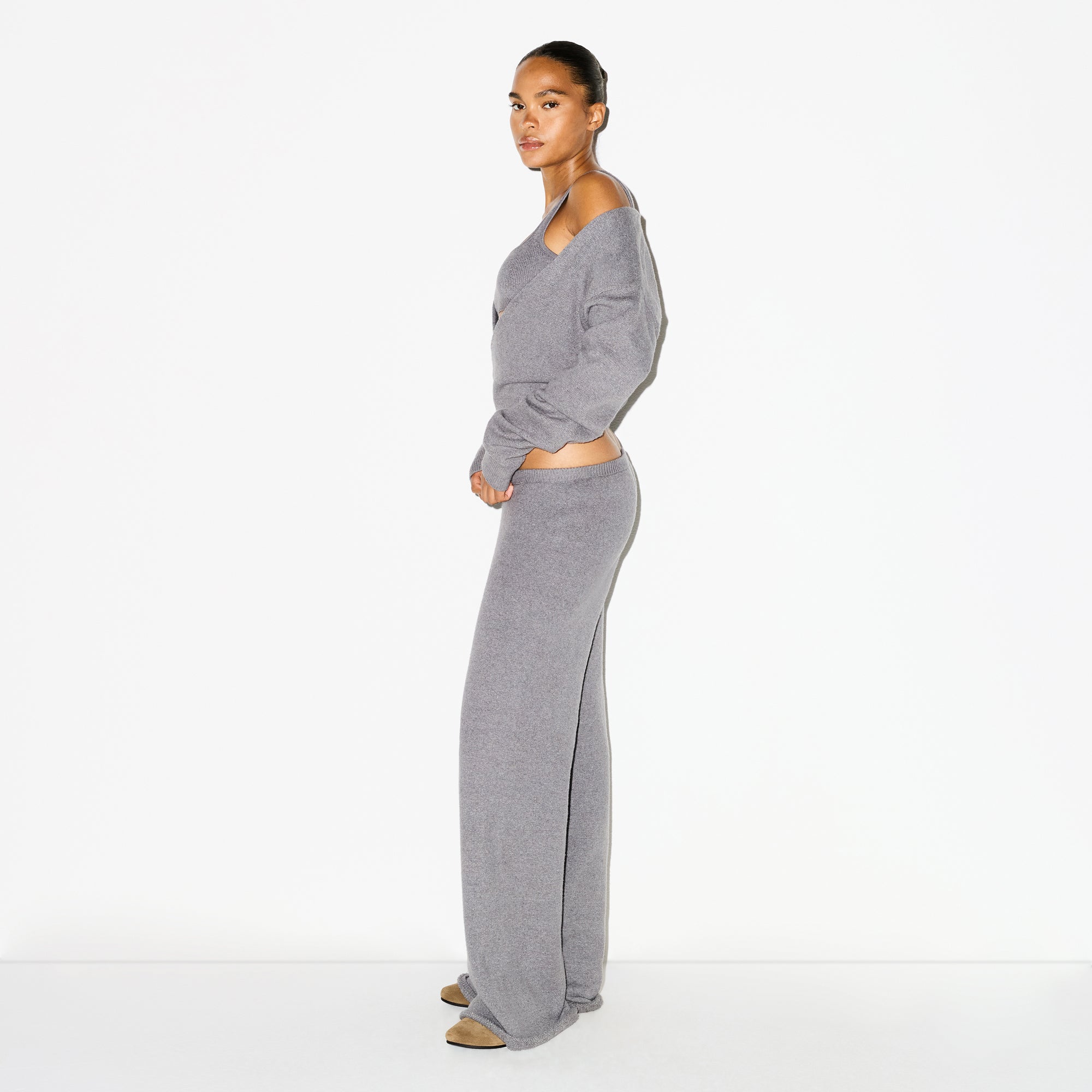 TEXTURED KNIT WRAP SWEATER | DARK HEATHER GREY