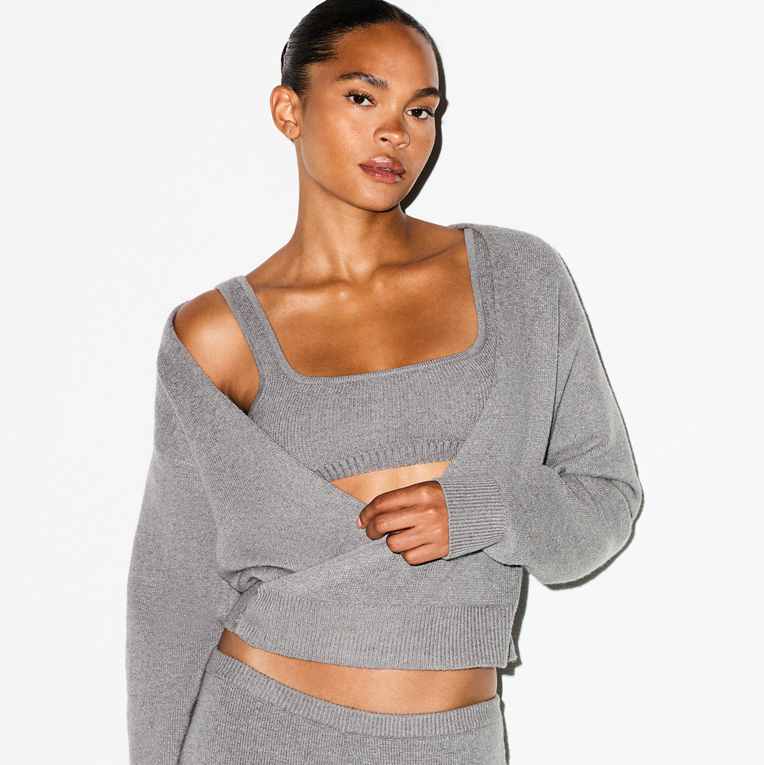 TEXTURED KNIT WRAP SWEATER | DARK HEATHER GREY