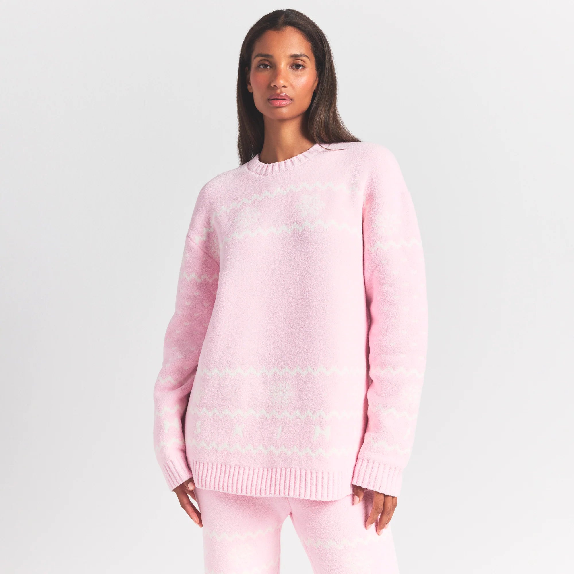 COZY LIGHT CREWNECK PULLOVER | BABY PINK HEART FAIR ISLE