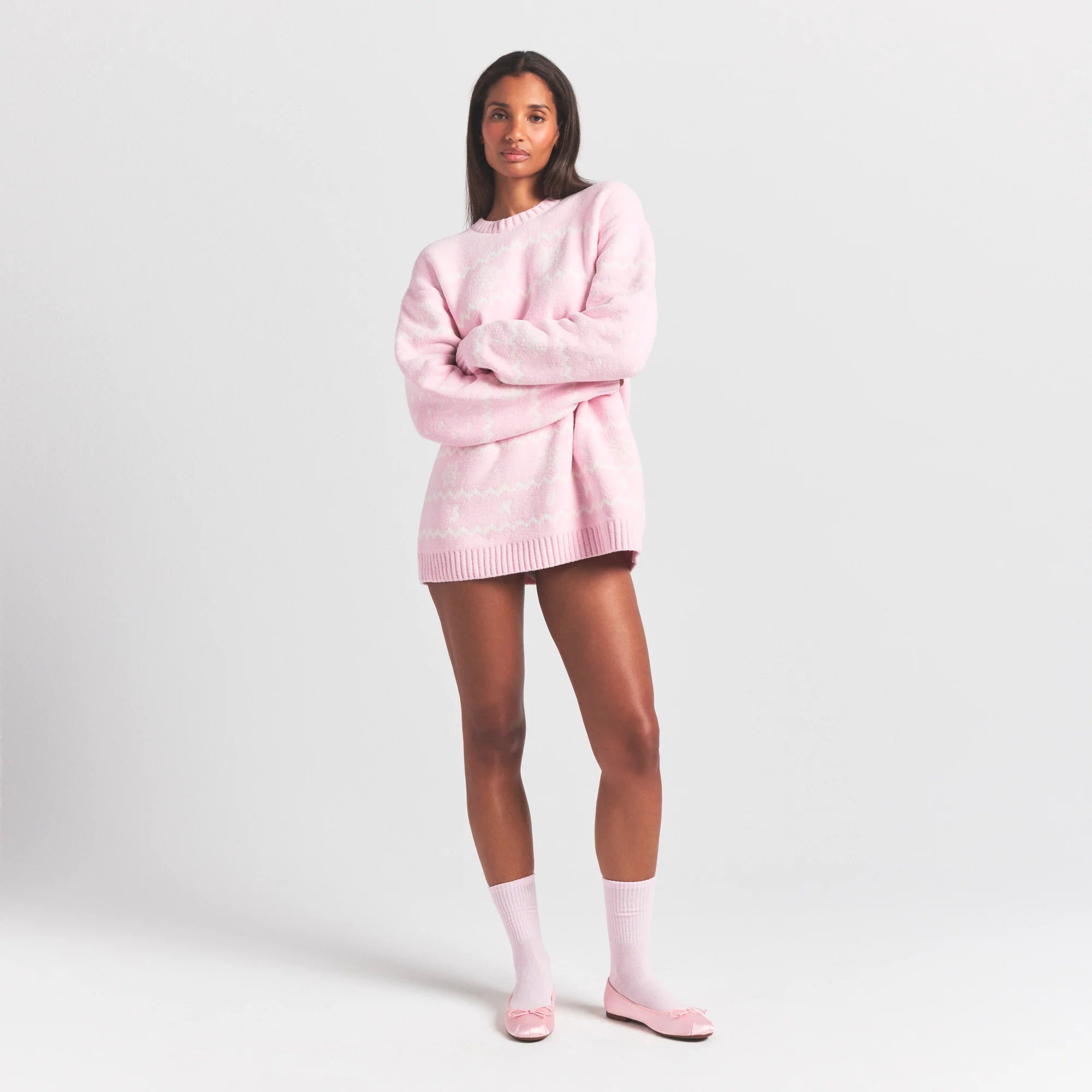 COZY LIGHT CREWNECK PULLOVER | BABY PINK HEART FAIR ISLE
