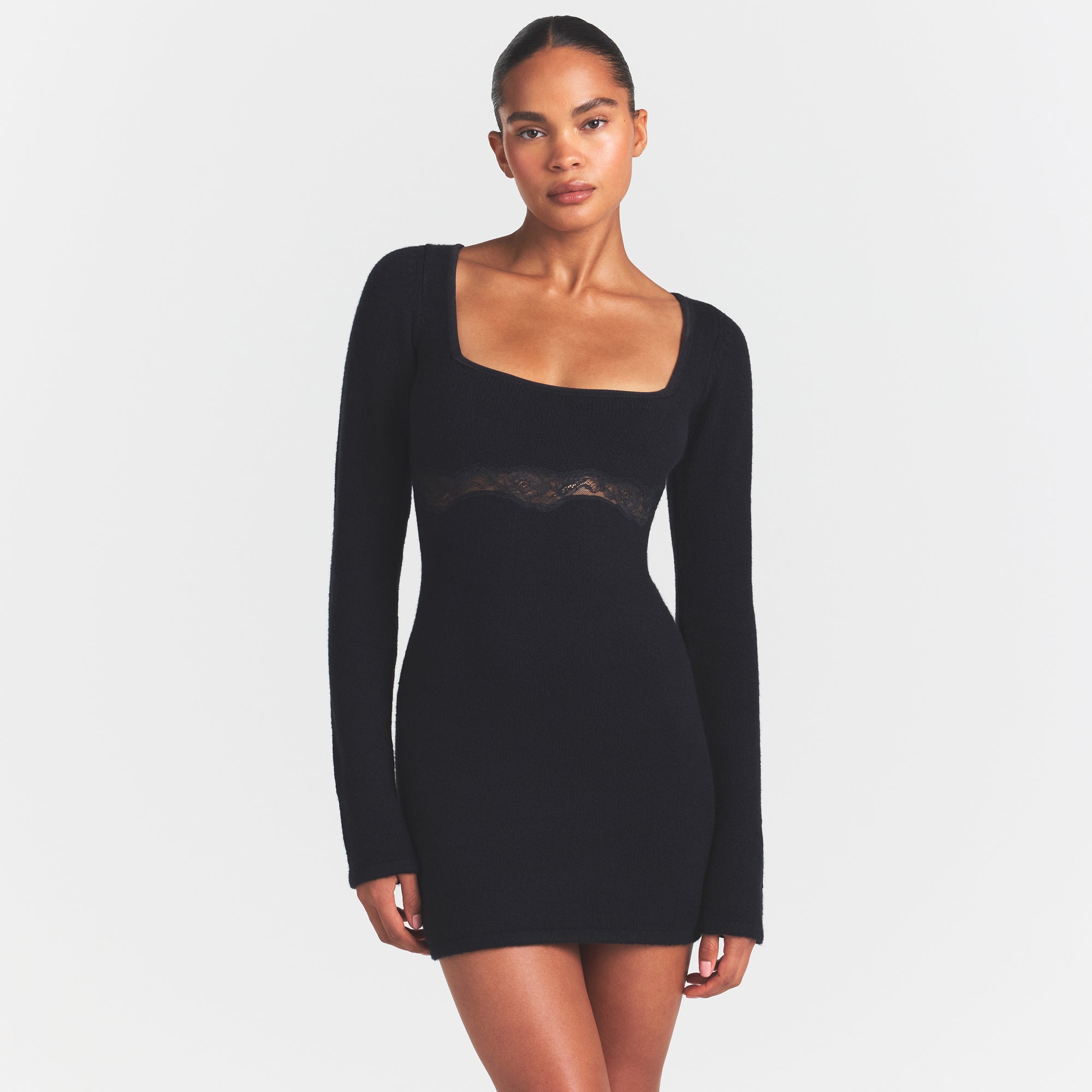 LACE KNIT LONG SLEEVE MINI DRESS | OBSIDIAN