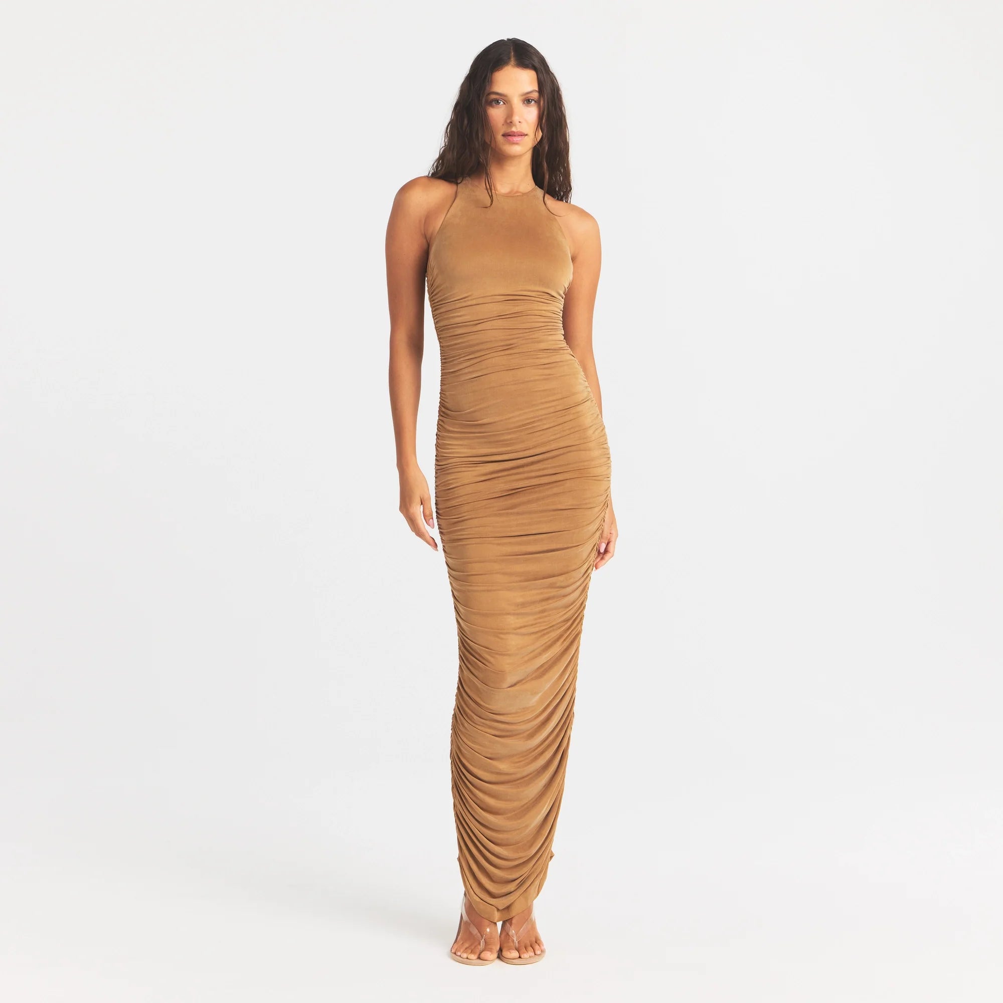 CUPRO JERSEY RUCHED LONG DRESS | ALMOND