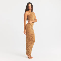 CUPRO JERSEY RUCHED LONG DRESS | ALMOND