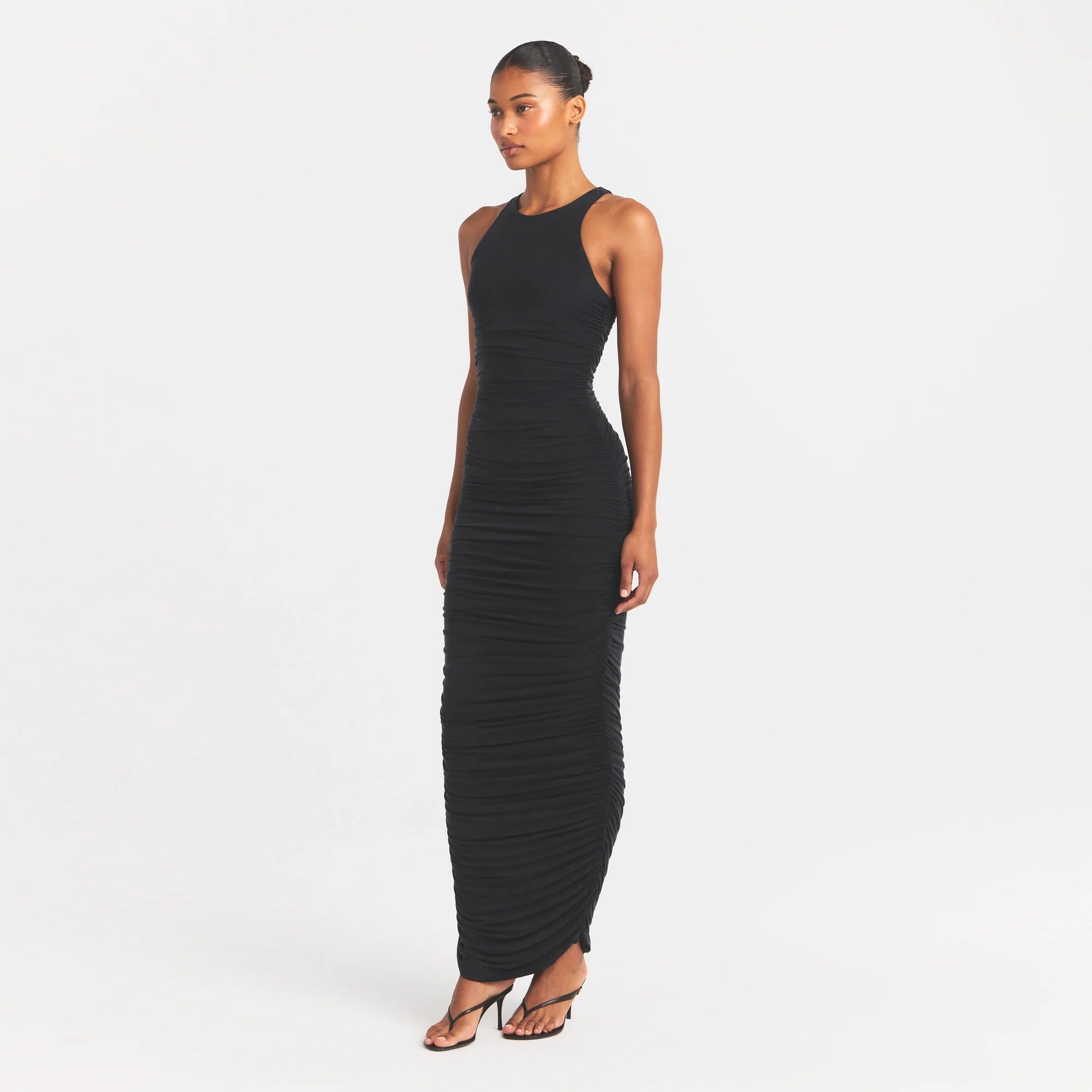 CUPRO JERSEY RUCHED LONG DRESS | OBSIDIAN
