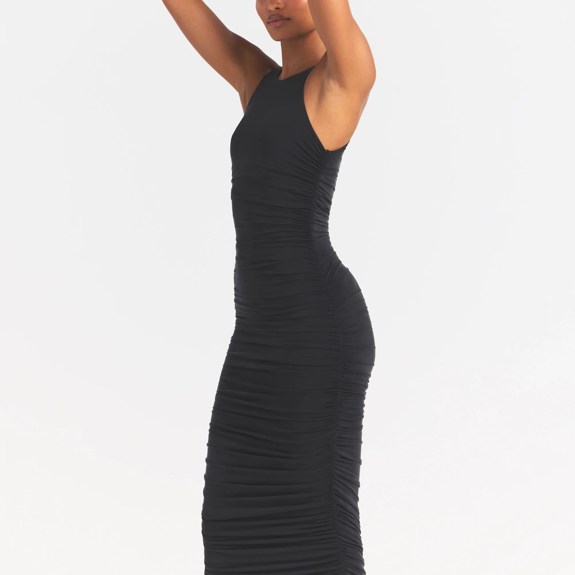 CUPRO JERSEY RUCHED LONG DRESS | OBSIDIAN