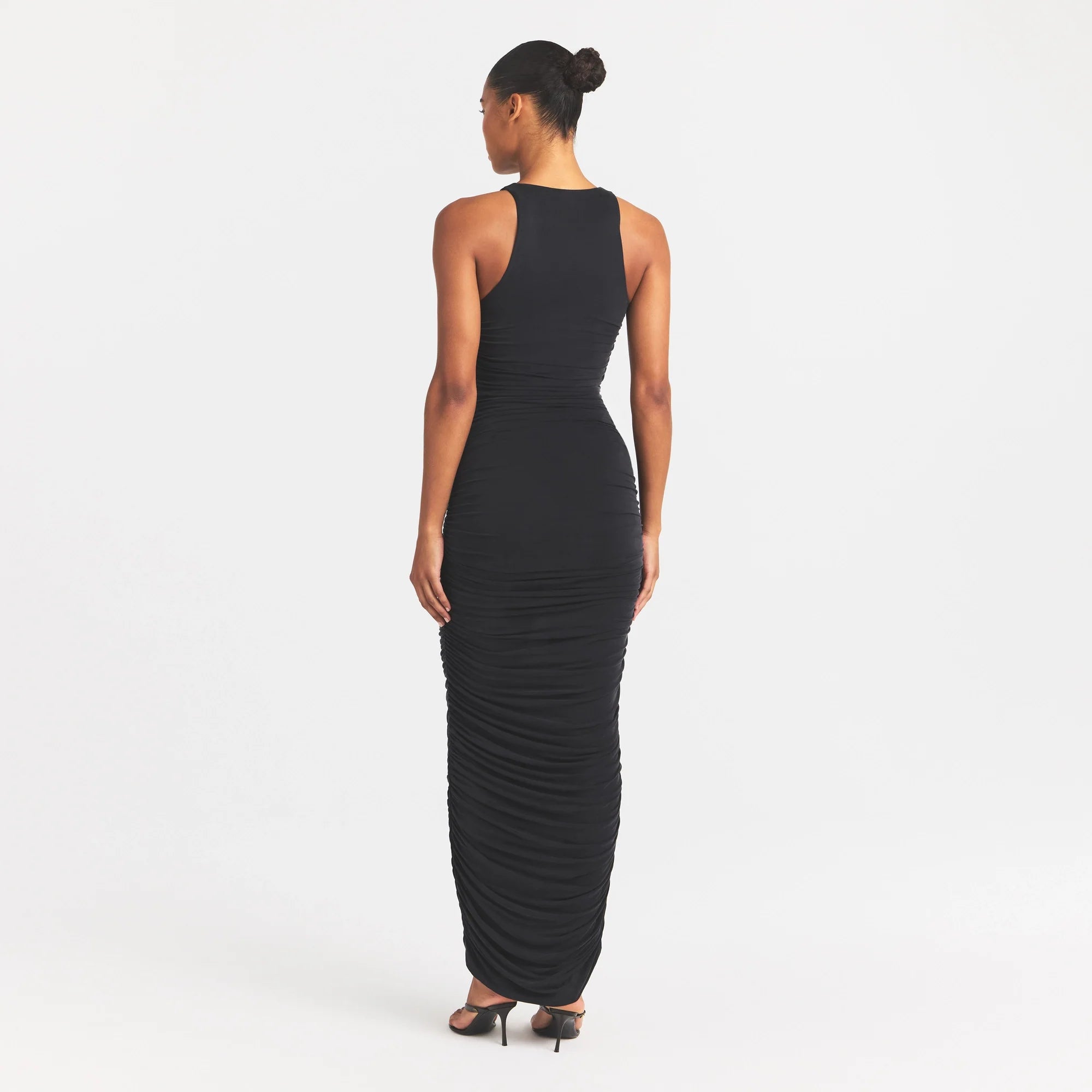 CUPRO JERSEY RUCHED LONG DRESS | OBSIDIAN