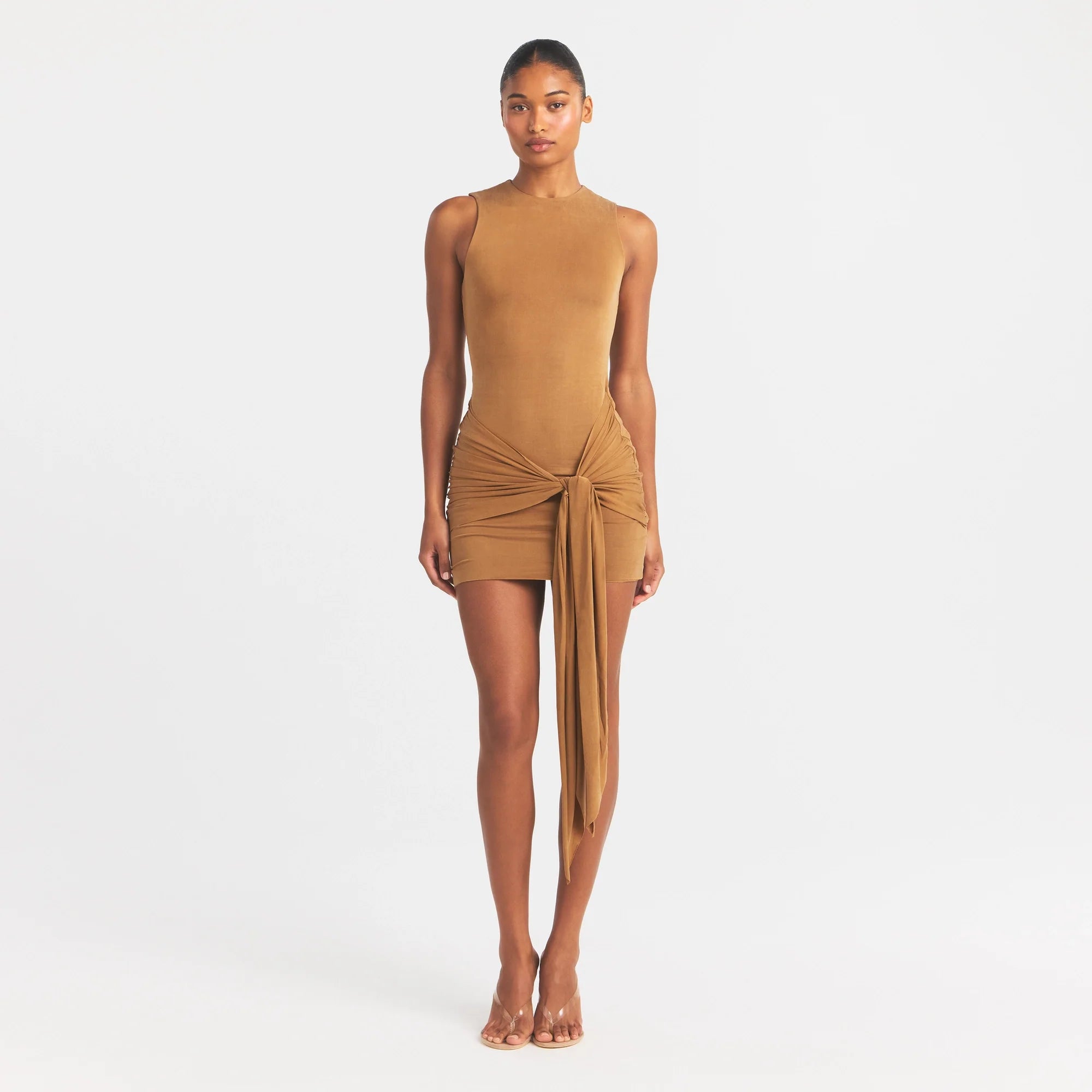 CUPRO JERSEY WRAP MINI DRESS | ALMOND