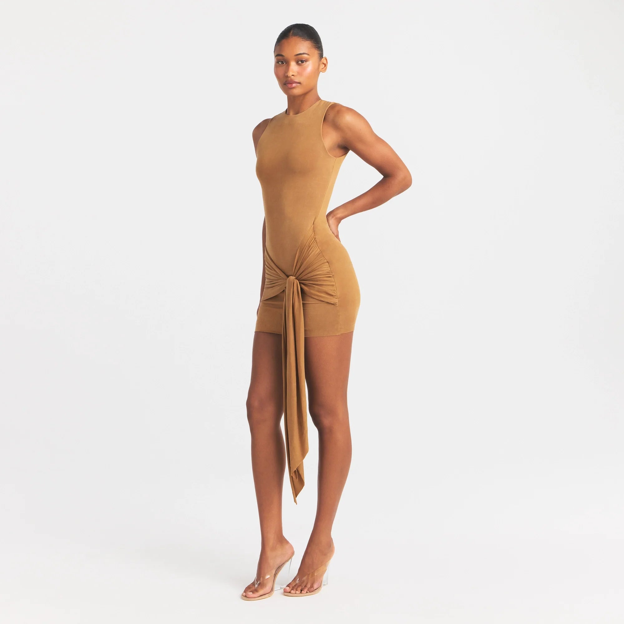 CUPRO JERSEY WRAP MINI DRESS | ALMOND