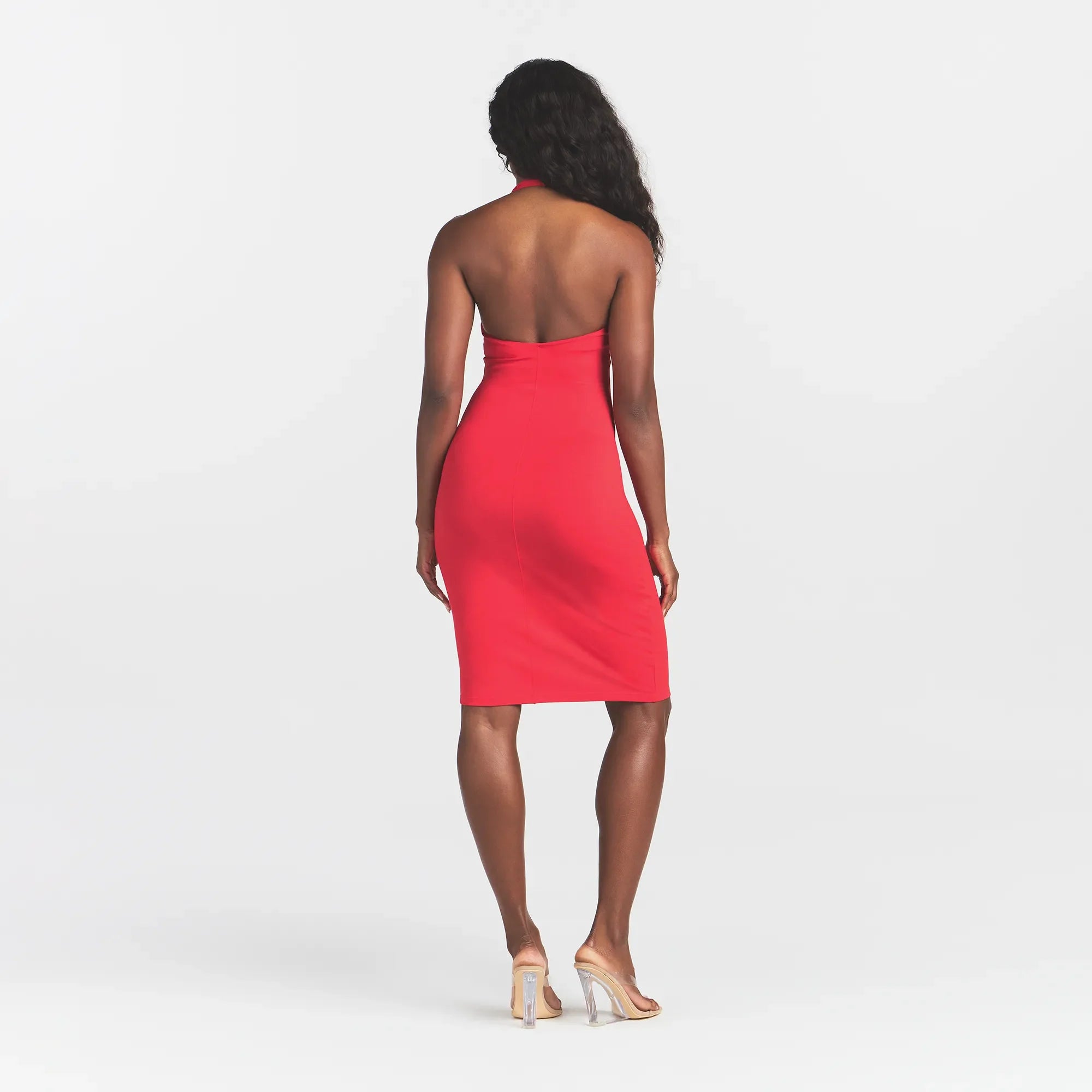 SMOOTH LAYERS PLUNGE HALTER MIDI DRESS | CARMINE