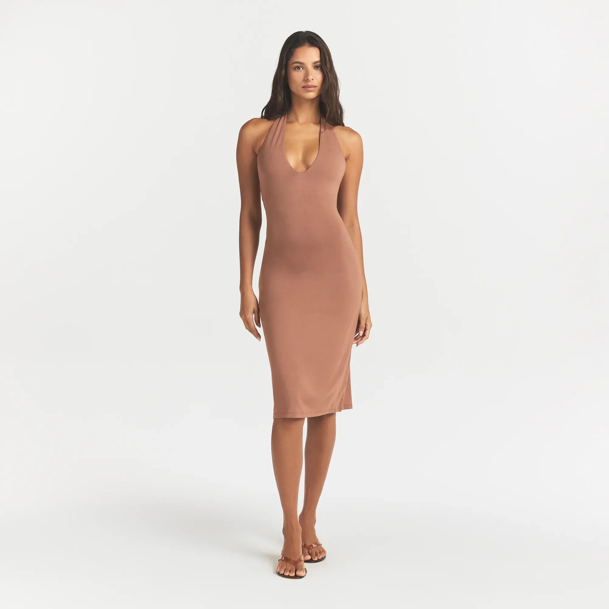 SMOOTH LAYERS PLUNGE HALTER MIDI DRESS | NUTMEG