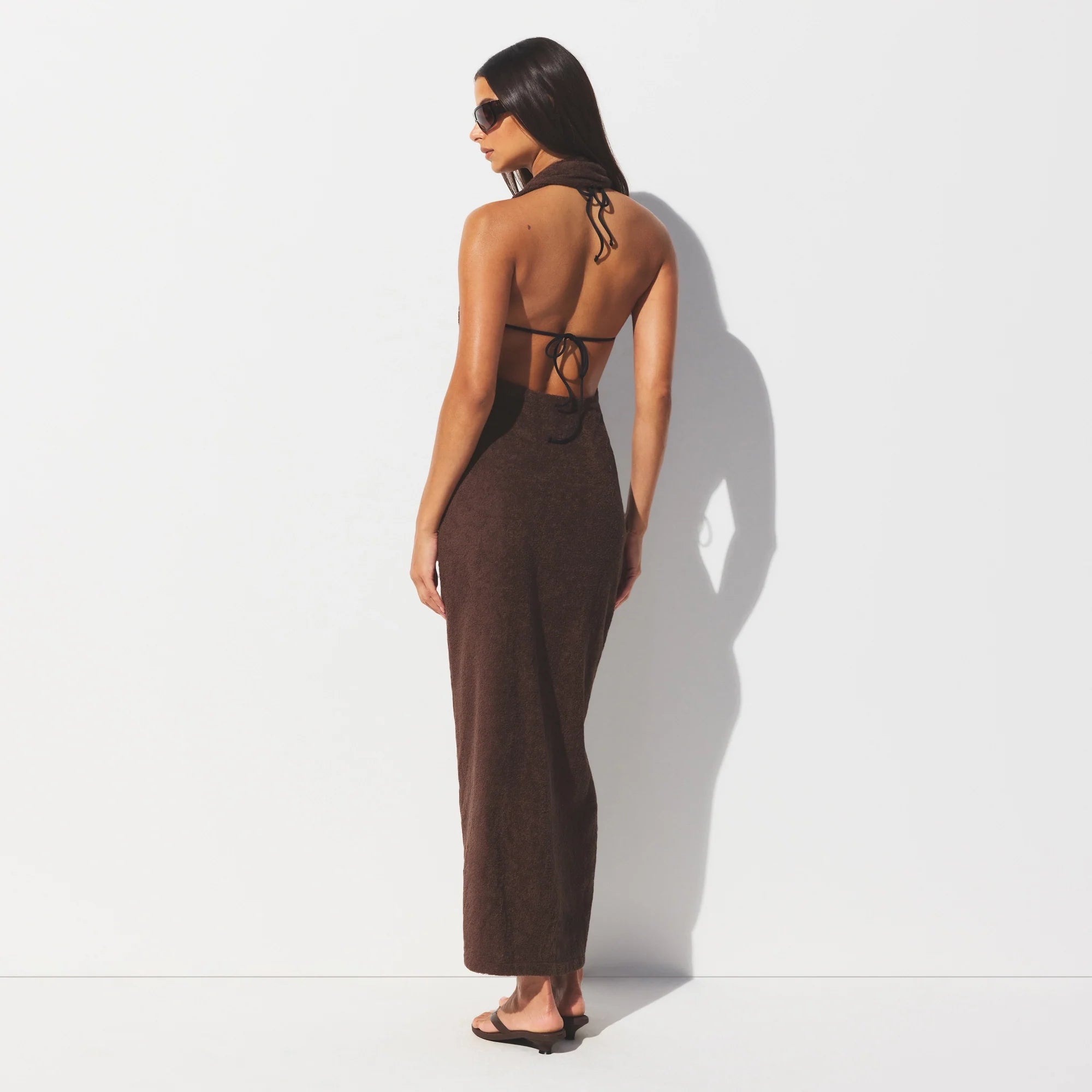 TERRY COVER-UPS DEEP PLUNGE HALTER WRAP DRESS | DARK SEPIA
