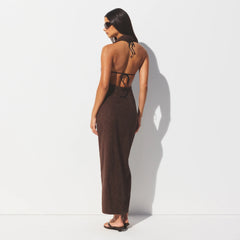 TERRY COVER-UPS DEEP PLUNGE HALTER WRAP DRESS | DARK SEPIA