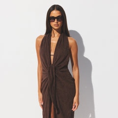 TERRY COVER-UPS DEEP PLUNGE HALTER WRAP DRESS | DARK SEPIA