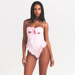 STRETCH SATIN TIE FRONT TEDDY | HALITE