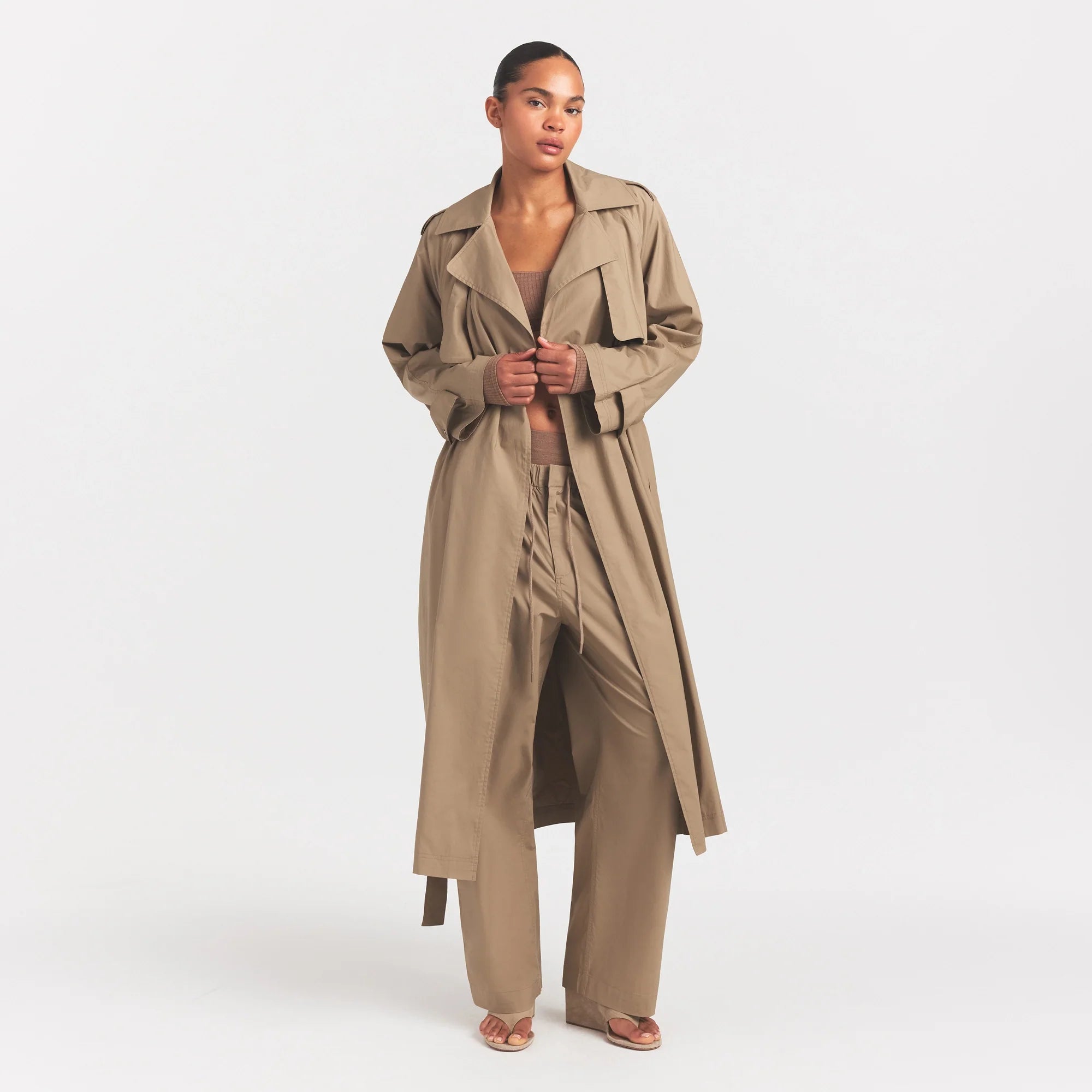 WOVEN COTTON OVERSIZED TRENCH COAT | DESERT