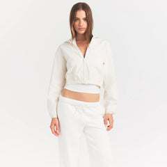 WOVEN COTTON CROPPED ZIP UP JACKET | EGRET