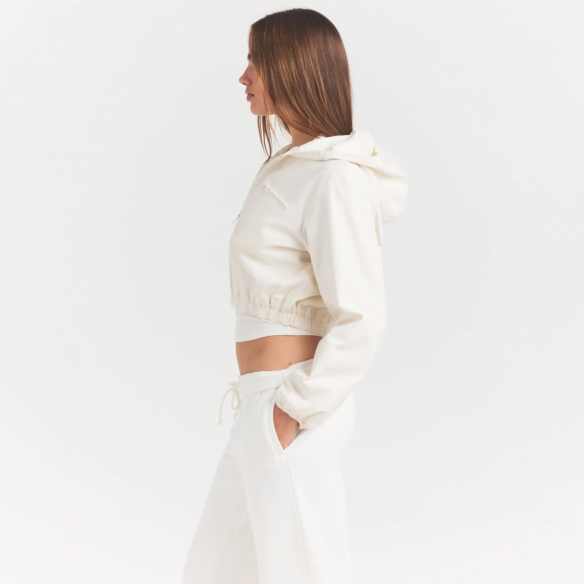 WOVEN COTTON CROPPED ZIP UP JACKET | EGRET