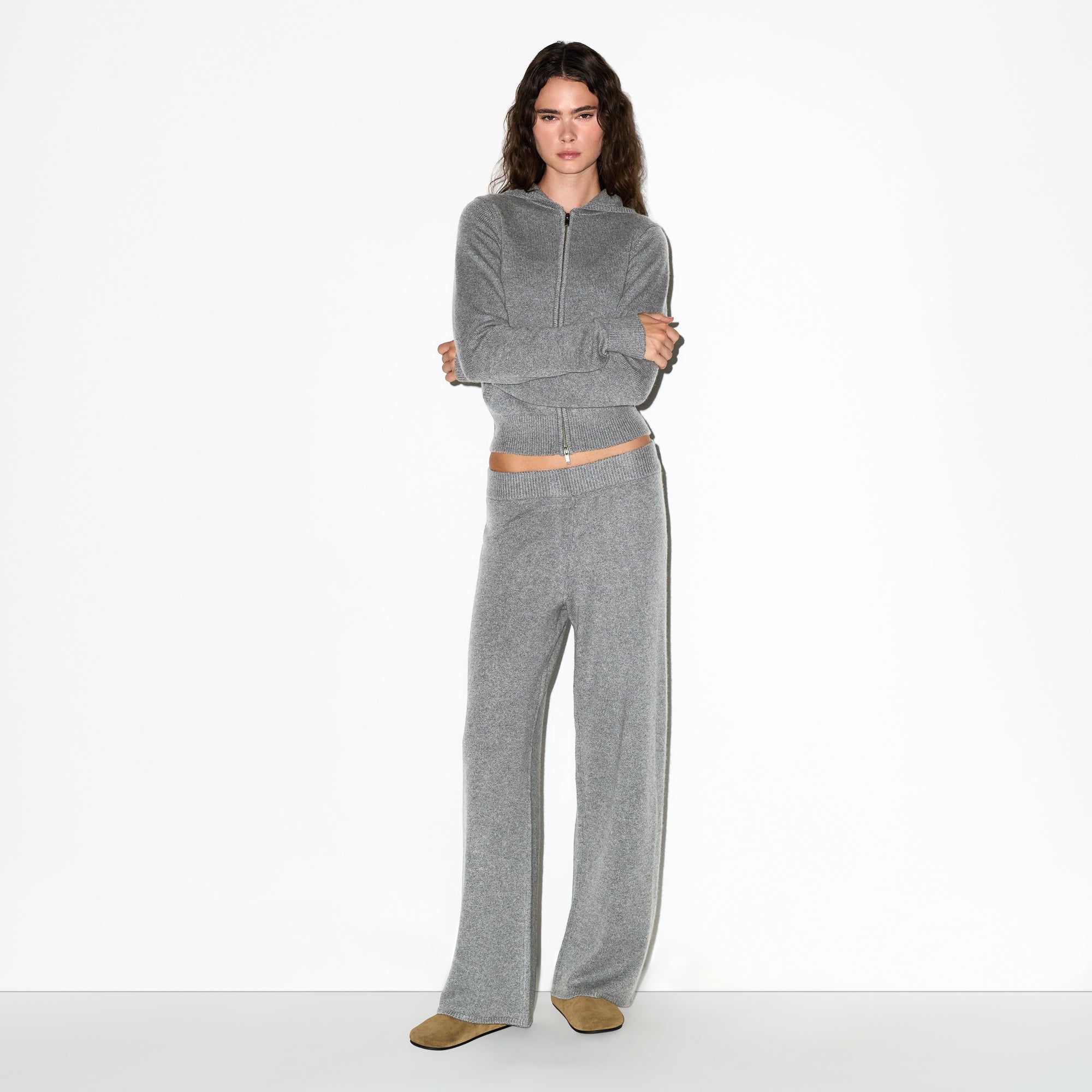 CASHMERE WIDE LEG PANT | DARK HEATHER GREY