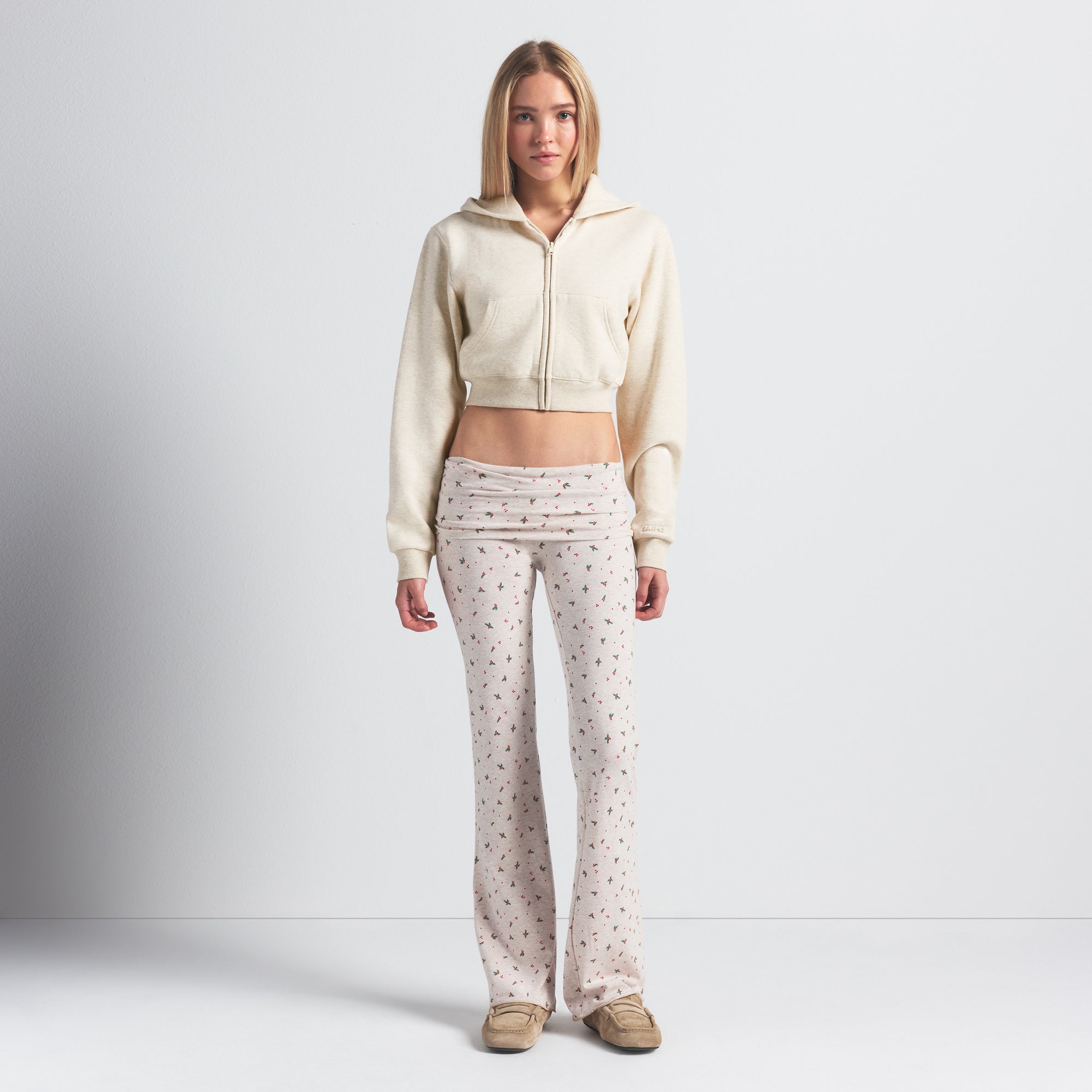 COTTON JERSEY FOLDOVER PANT | OATMEAL HEATHER HOLLY PRINT