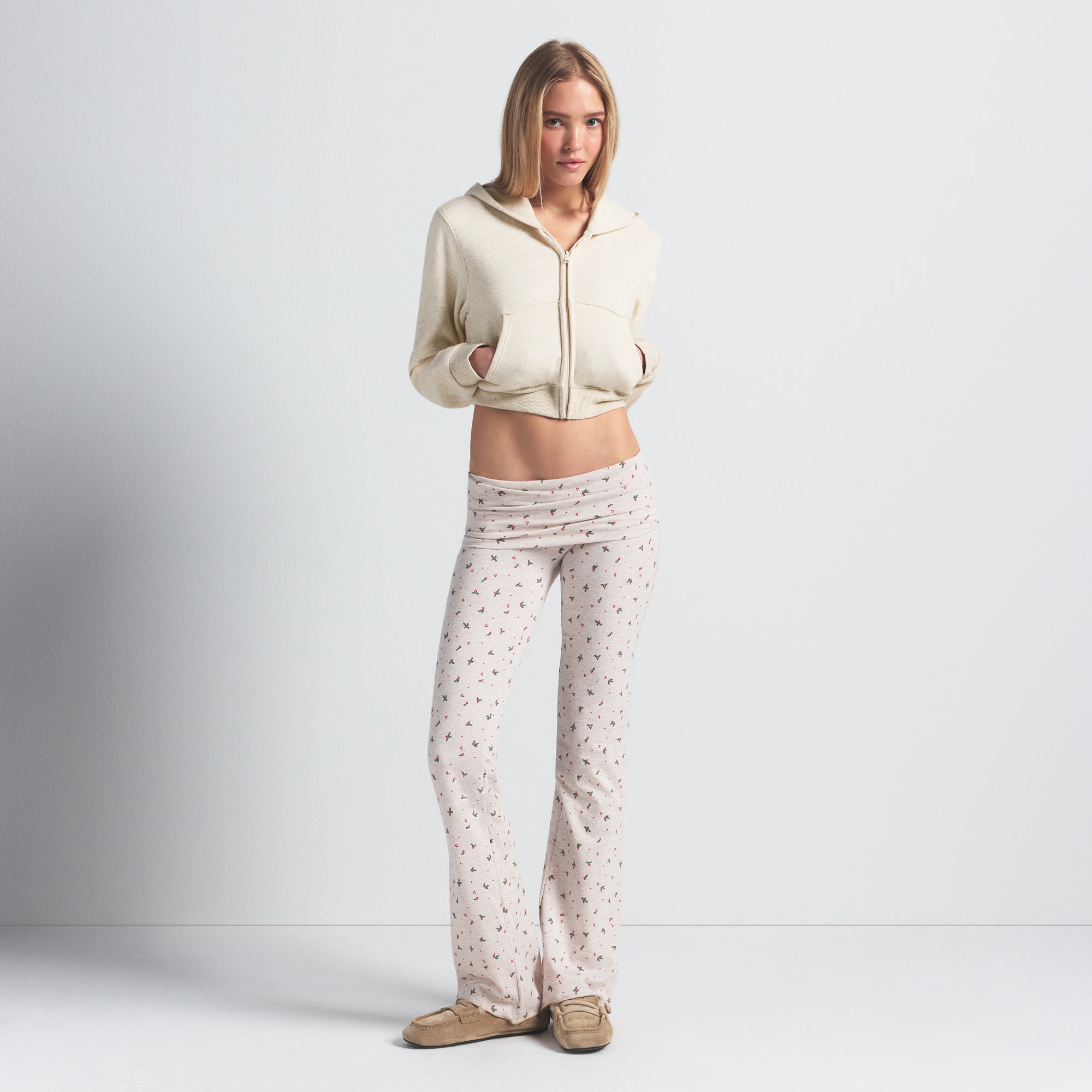 COTTON JERSEY FOLDOVER PANT | OATMEAL HEATHER HOLLY PRINT