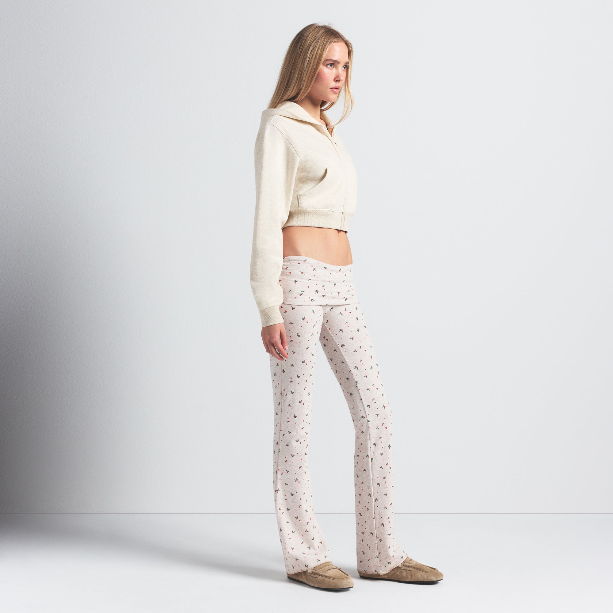 COTTON JERSEY FOLDOVER PANT | OATMEAL HEATHER HOLLY PRINT