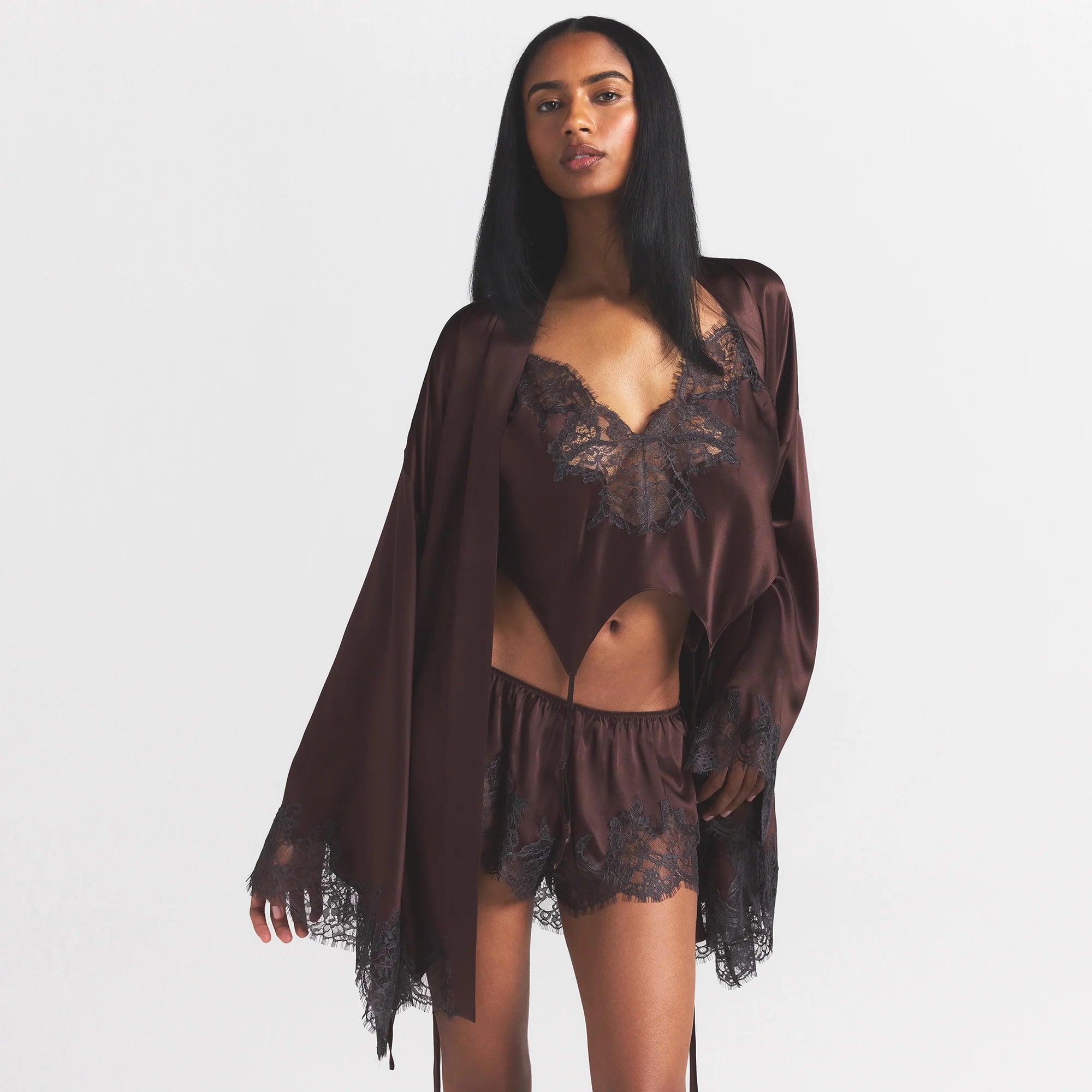 SILK LACE ROBE | ESPRESSO CONTRAST