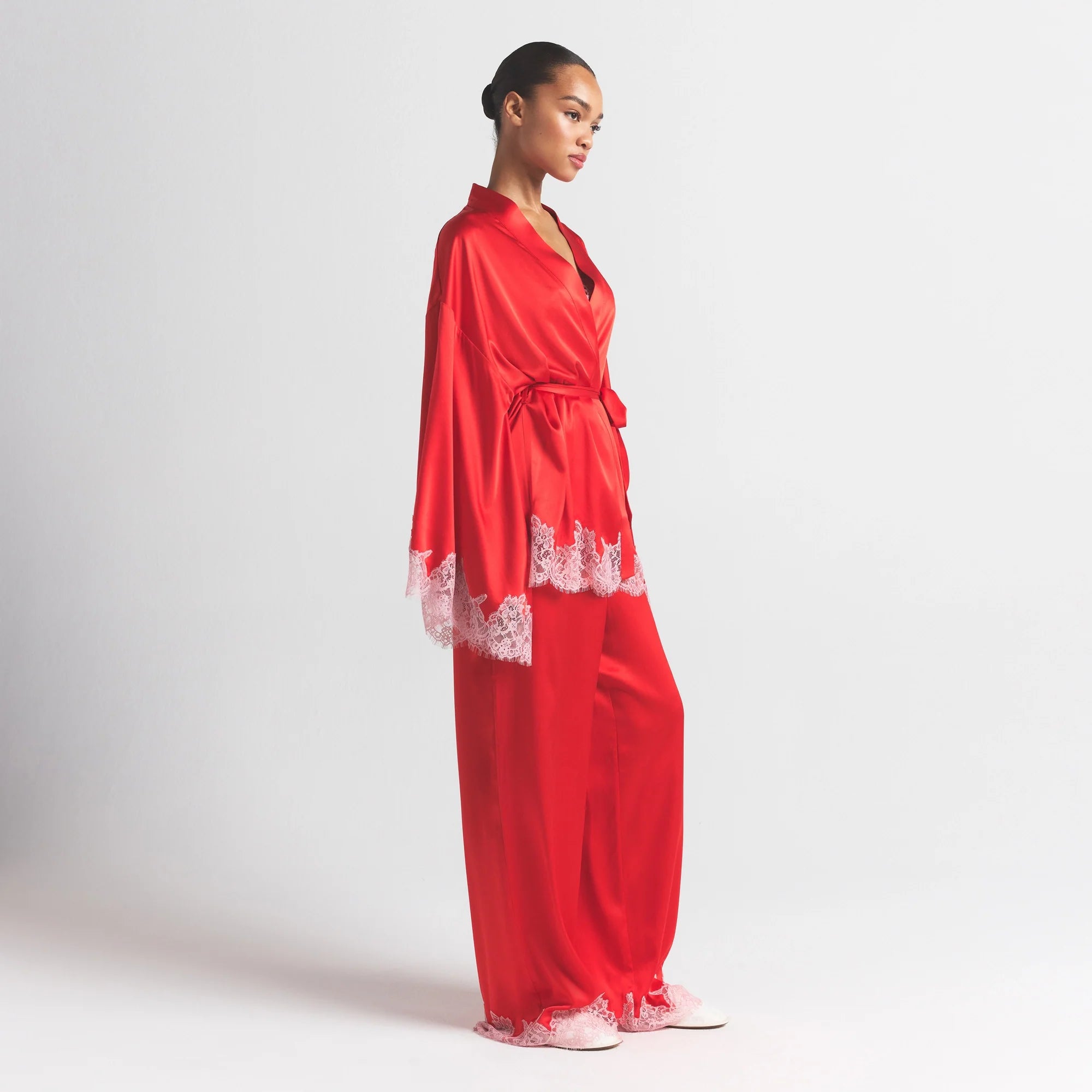 SILK LACE ROBE | RUBY CONTRAST