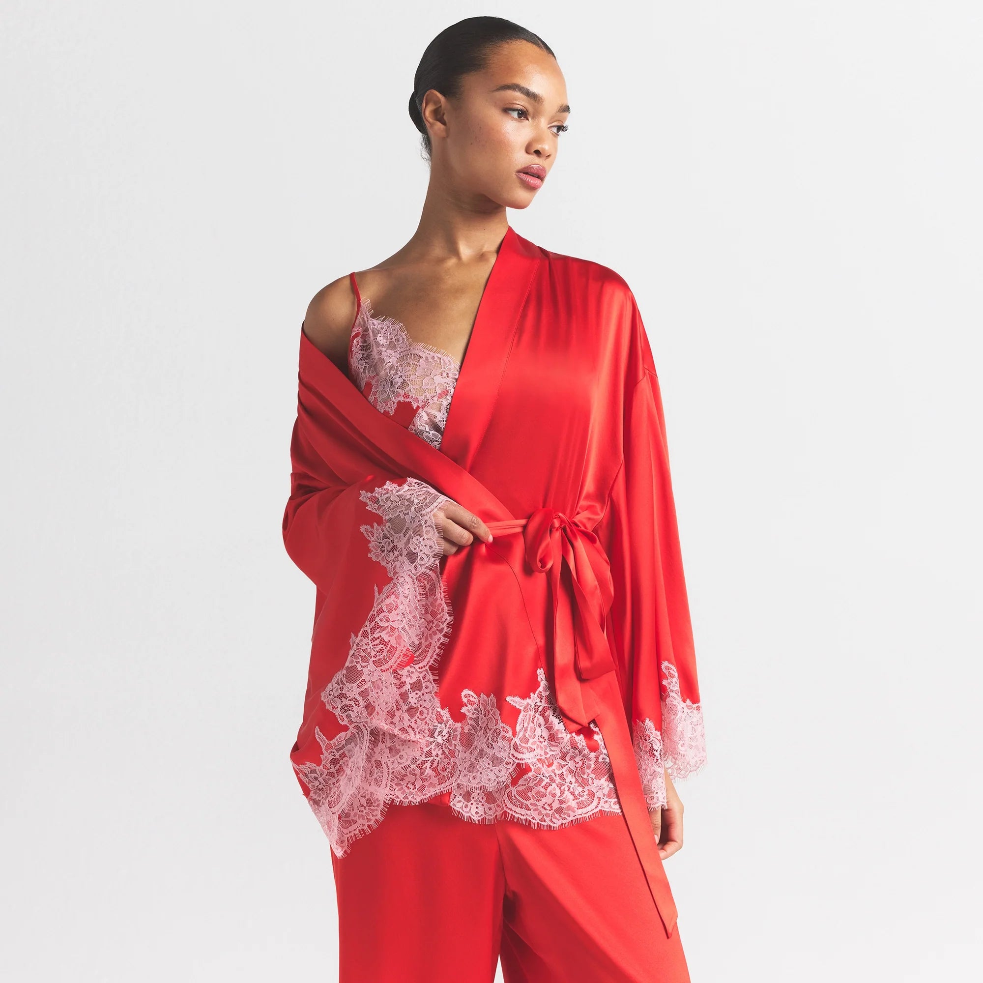 SILK LACE ROBE | RUBY CONTRAST