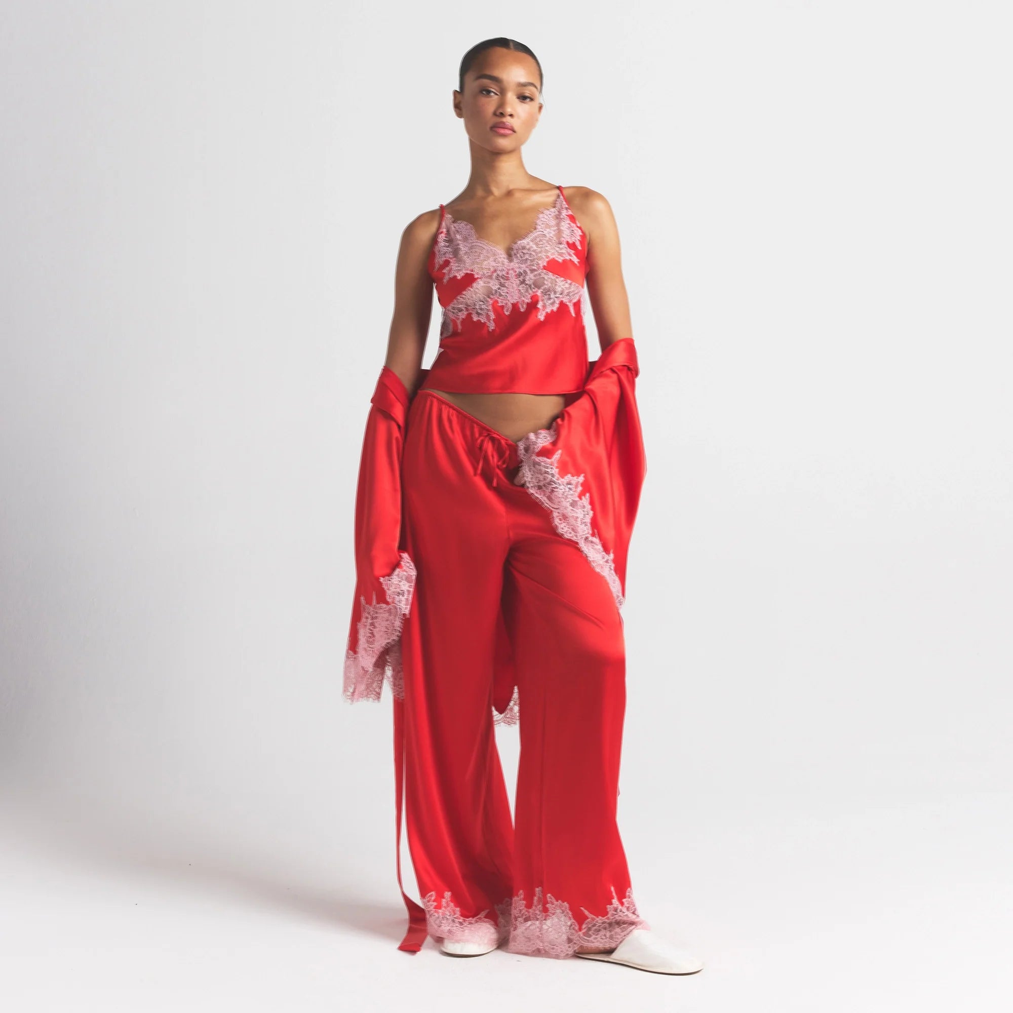 SILK LACE ROBE | RUBY CONTRAST