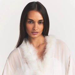 BRIDAL SLEEP FEATHER TRIM LONG ROBE | IVORY