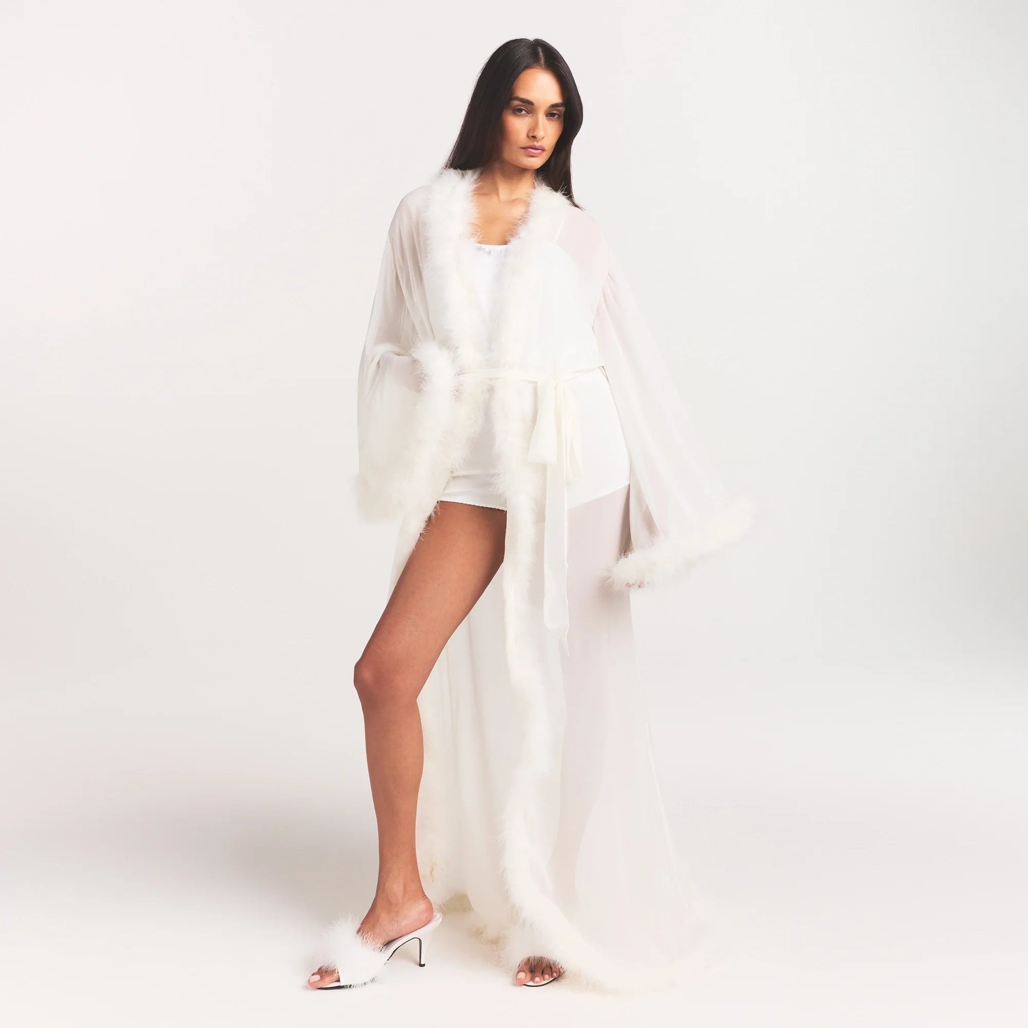 BRIDAL SLEEP FEATHER TRIM LONG ROBE | IVORY
