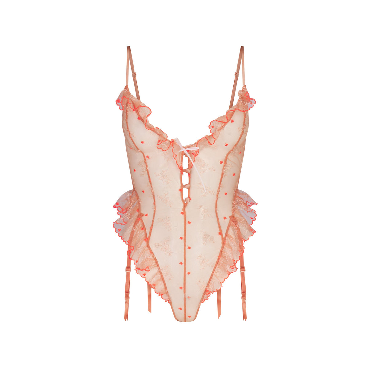 EMBROIDERED TULLE GARTER TEDDY | GUAVA HEART TULLE