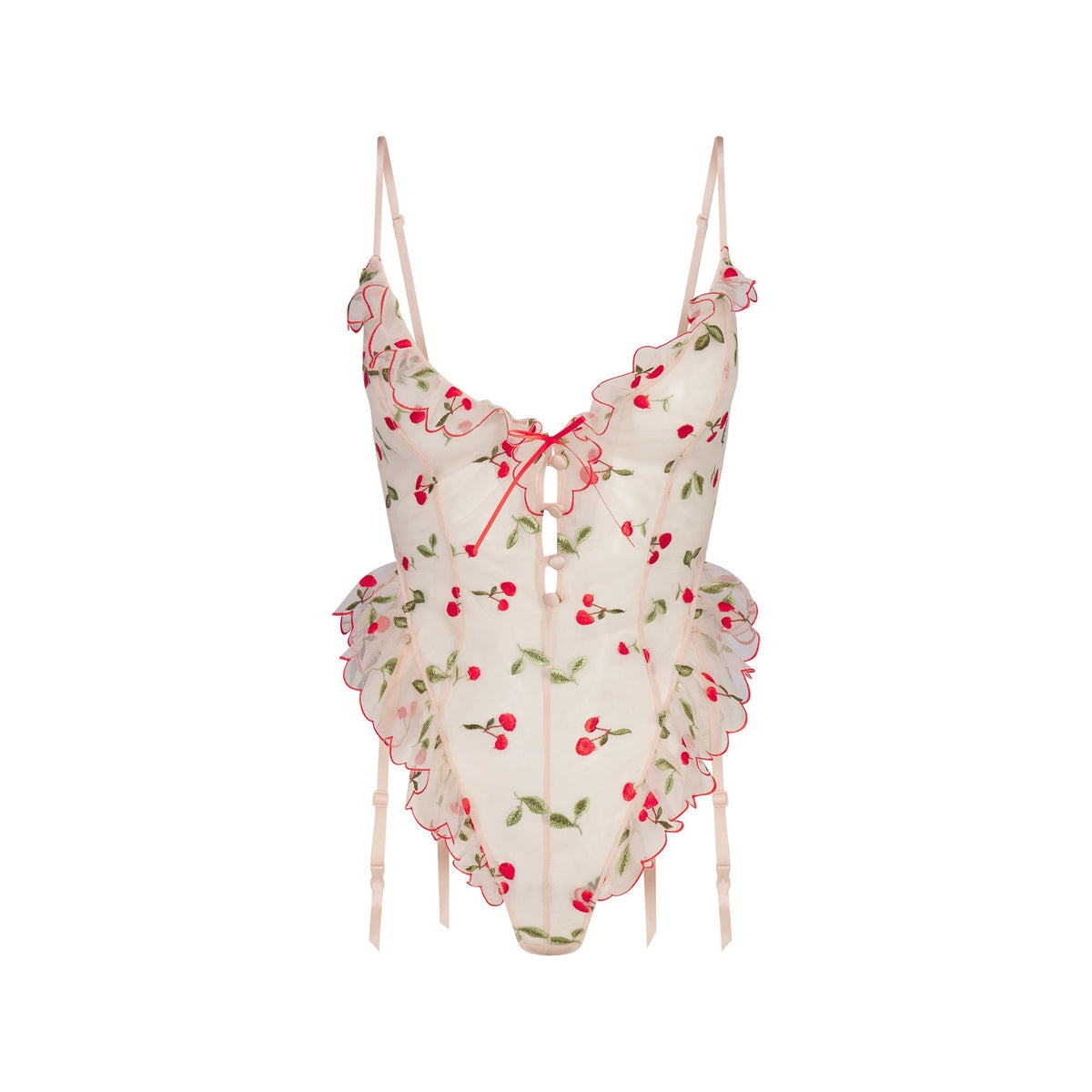 EMBROIDERED TULLE GARTER TEDDY | PRIMROSE CHERRY TULLE