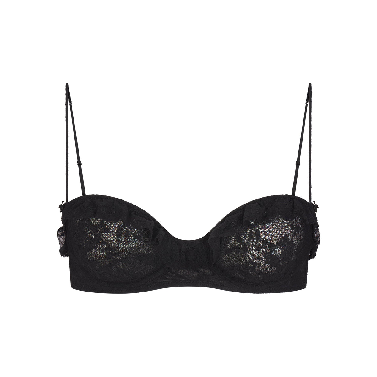 STRETCH LACE RUFFLE UNLINED BRA | SOOT