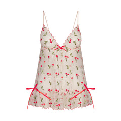 EMBROIDERED TULLE MINI SLIP DRESS AND TANGA SET | PRIMROSE CHERRY TULLE