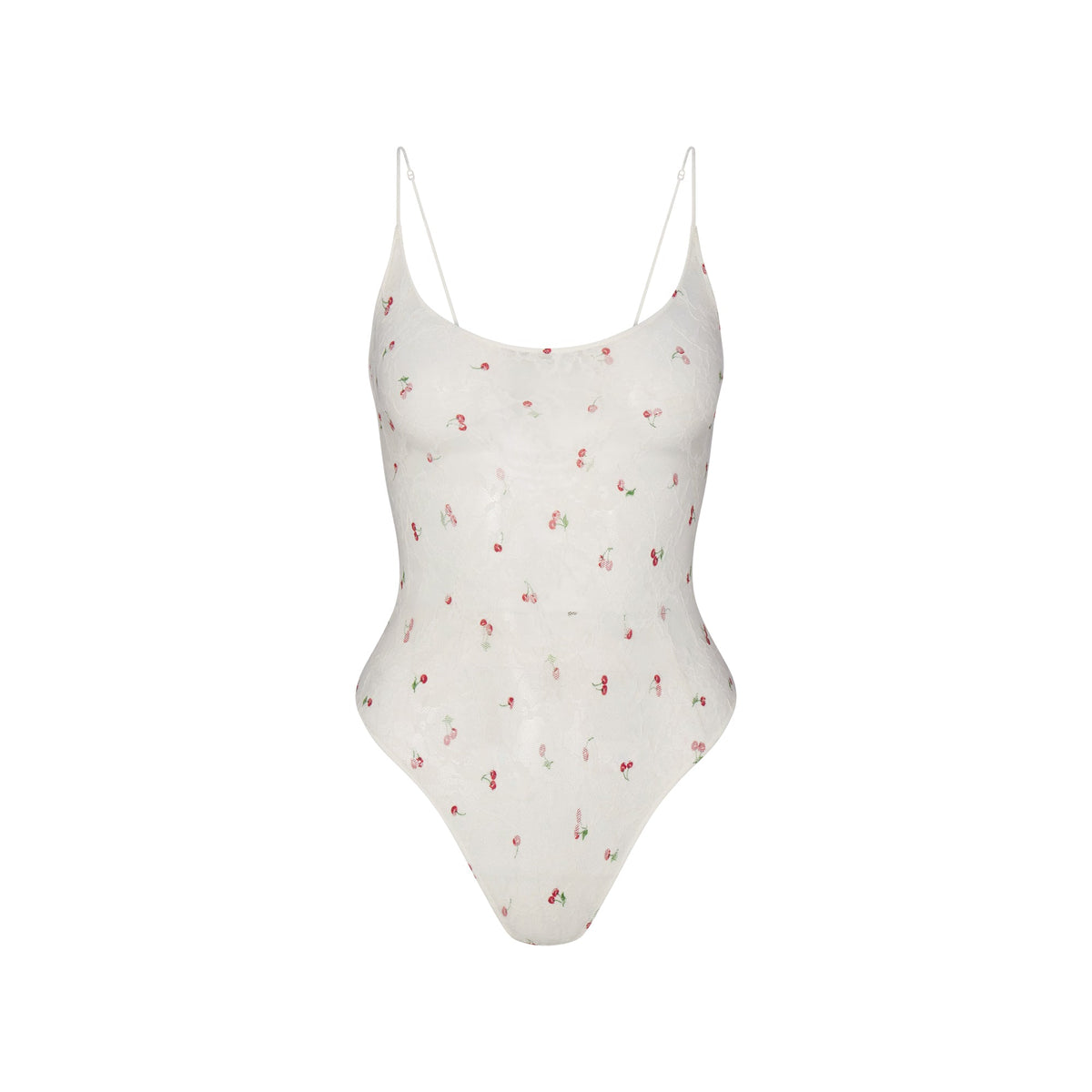 STRETCH LACE SCOOP NECK BODYSUIT | IVORY CHERRY PRINT