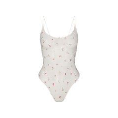 STRETCH LACE SCOOP NECK BODYSUIT | IVORY CHERRY PRINT