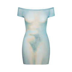 MESH COVER-UPS MINI DRESS | CYAN FK BODY PRINT