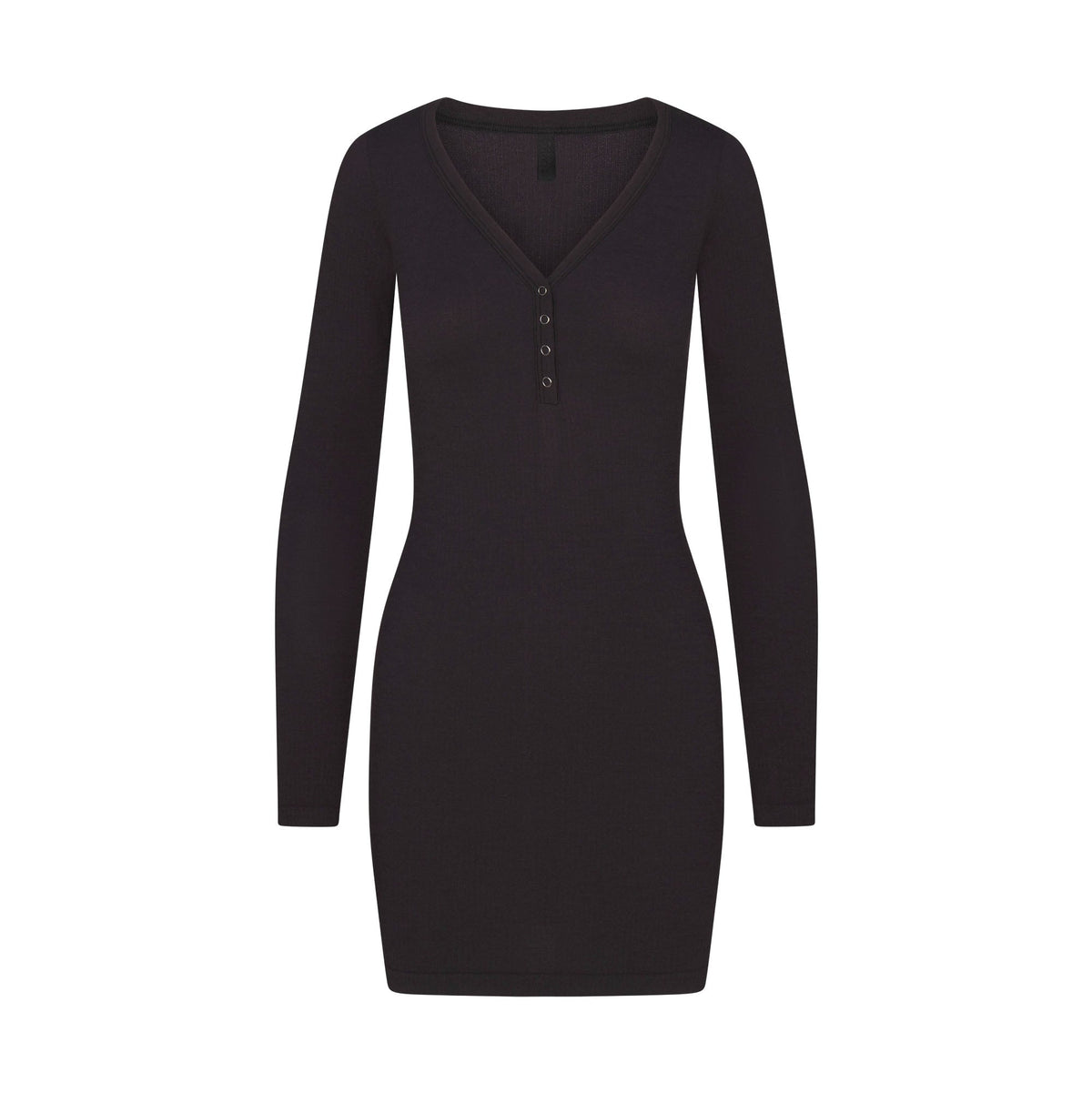 WOOL RIB HENLEY DRESS | OBSIDIAN