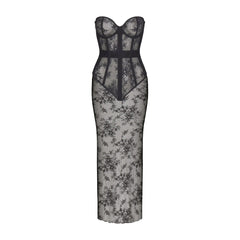 ULTRA FINE LACE STRAPLESS CORSET LONG DRESS | ONYX