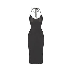 RHINESTONE KNIT HALTER MIDI SLIP DRESS | ONYX