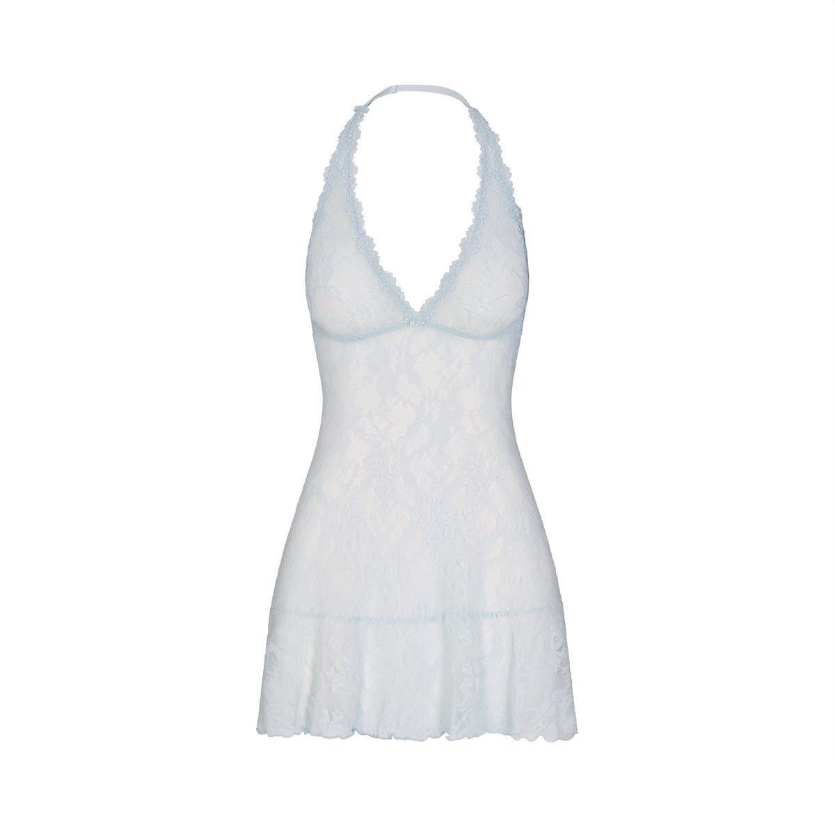 STRETCH LACE HALTER MINI DRESS | POWDER BLUE