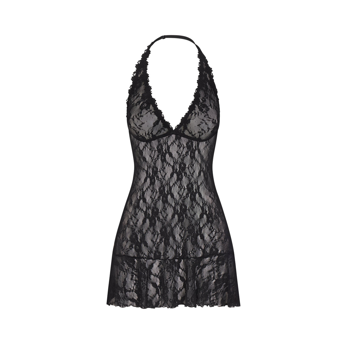 STRETCH LACE HALTER MINI DRESS | SOOT
