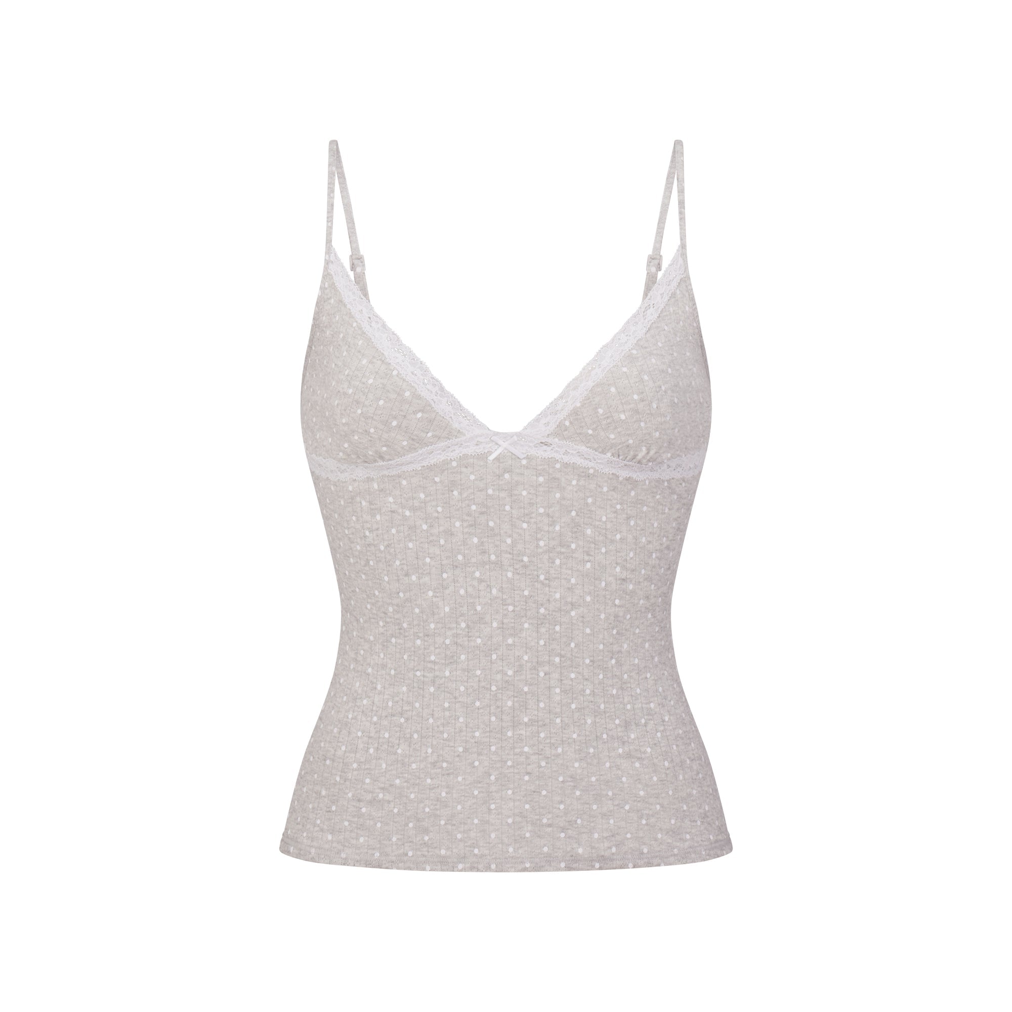 LIGHTWEIGHT COTTON POINTELLE LACE CAMI AND BOY SHORT SET | LIGHT HEATHER GREY PIN DOT