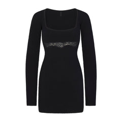 LACE KNIT LONG SLEEVE MINI DRESS | OBSIDIAN
