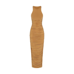 CUPRO JERSEY RUCHED LONG DRESS | ALMOND