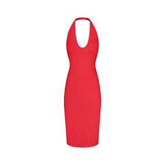 SMOOTH LAYERS PLUNGE HALTER MIDI DRESS | CARMINE