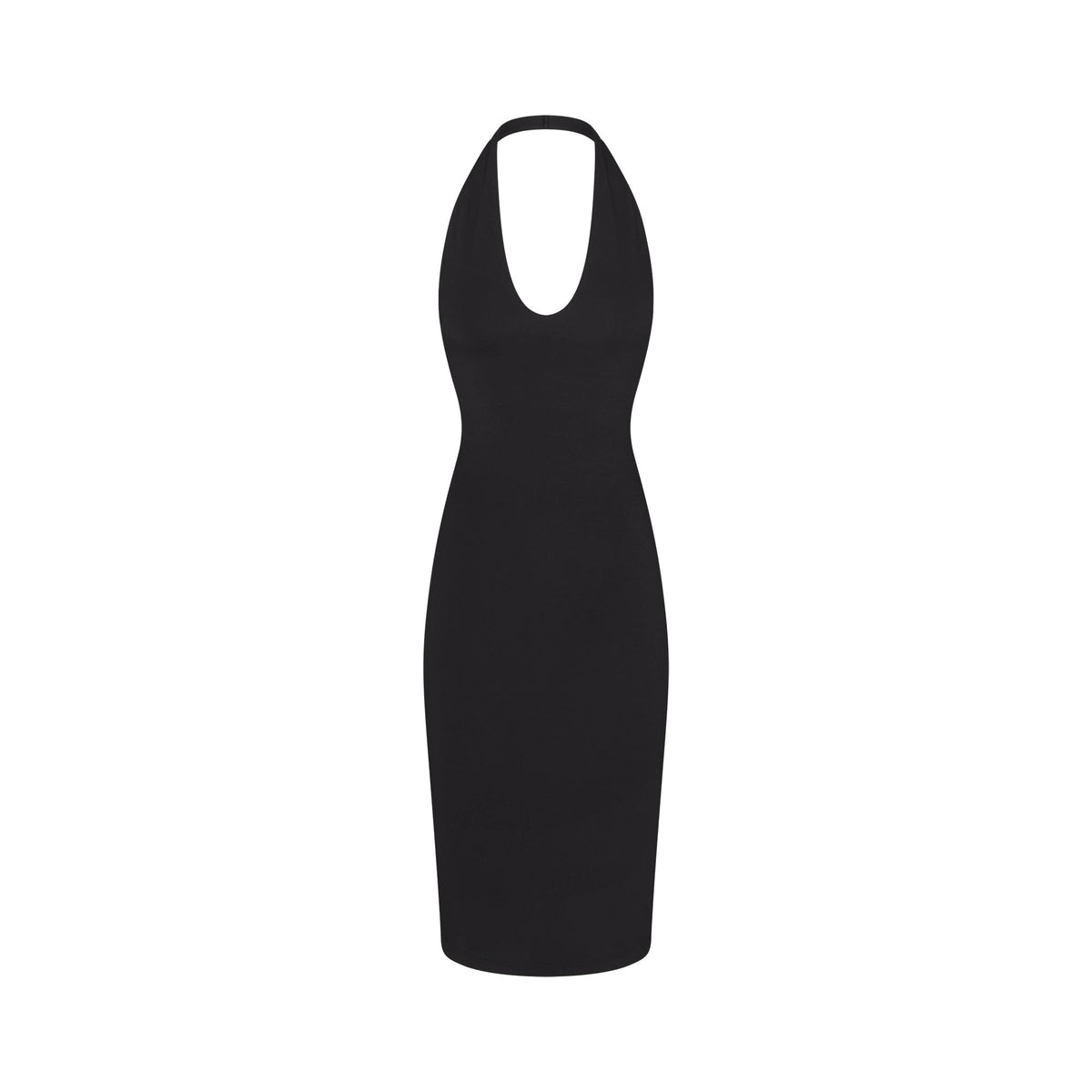 SMOOTH LAYERS PLUNGE HALTER MIDI DRESS | OBSIDIAN