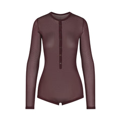 SLINKY KNIT BUTTON UP HENLEY ONESIE | CURRANT
